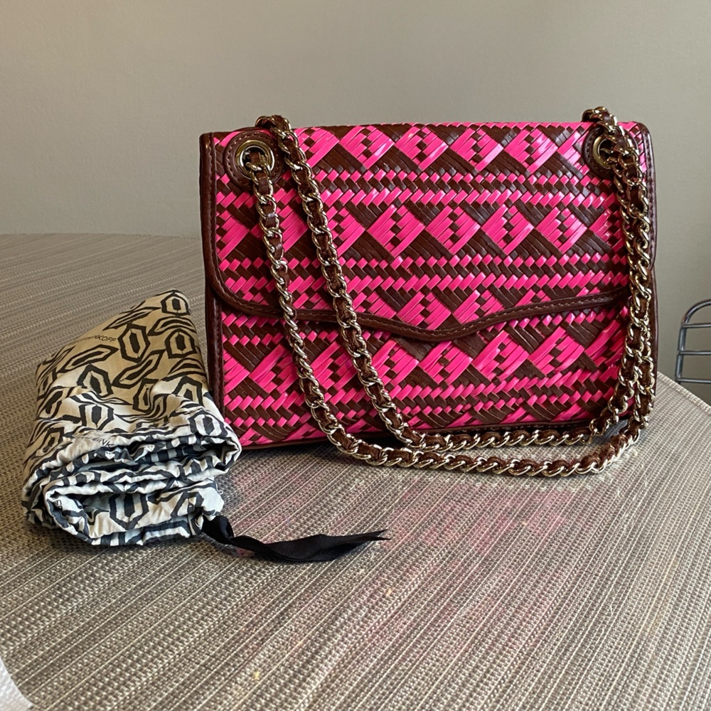 Rebecca Minkoff Swing Chain Shoulder Pink and Brown Leather Woven Bag